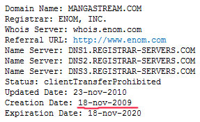 Дата регистрации сайта mangastream.com